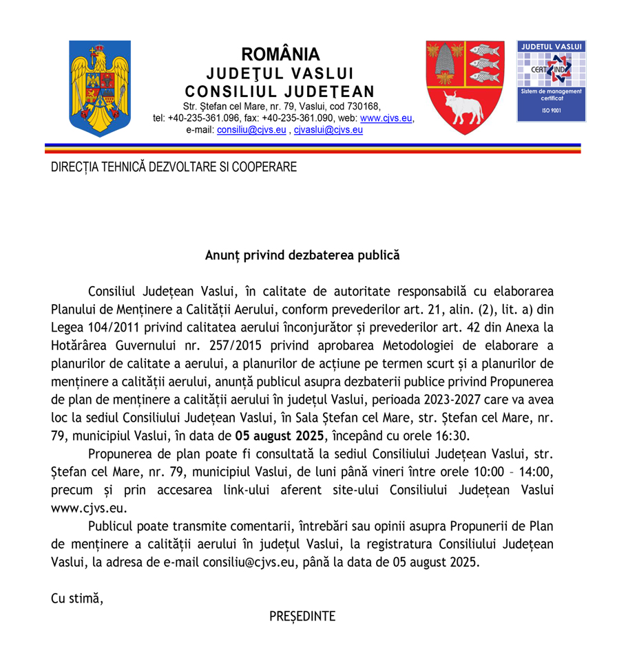 Anunț privind dezbaterea publică