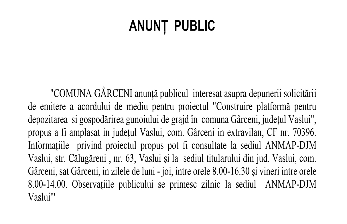 ANUNȚ  PUBLIC